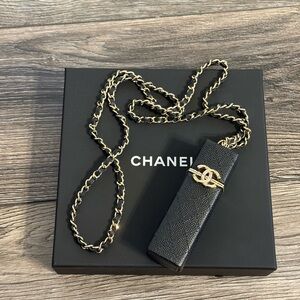 Chanel Quilted Caviar Black Leather CC Lipstick Case with Gold Chain